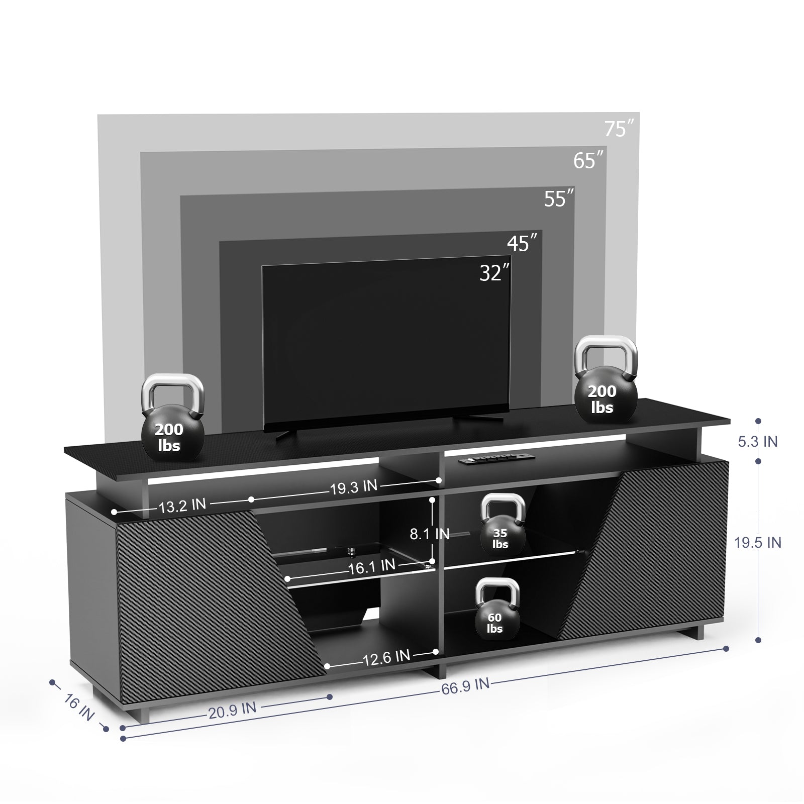 Ultimate Gaming TV Stand — LED Lights, USB Ports & Power Outlet for 75" TVs & Gaming Consoles - CALCUMART