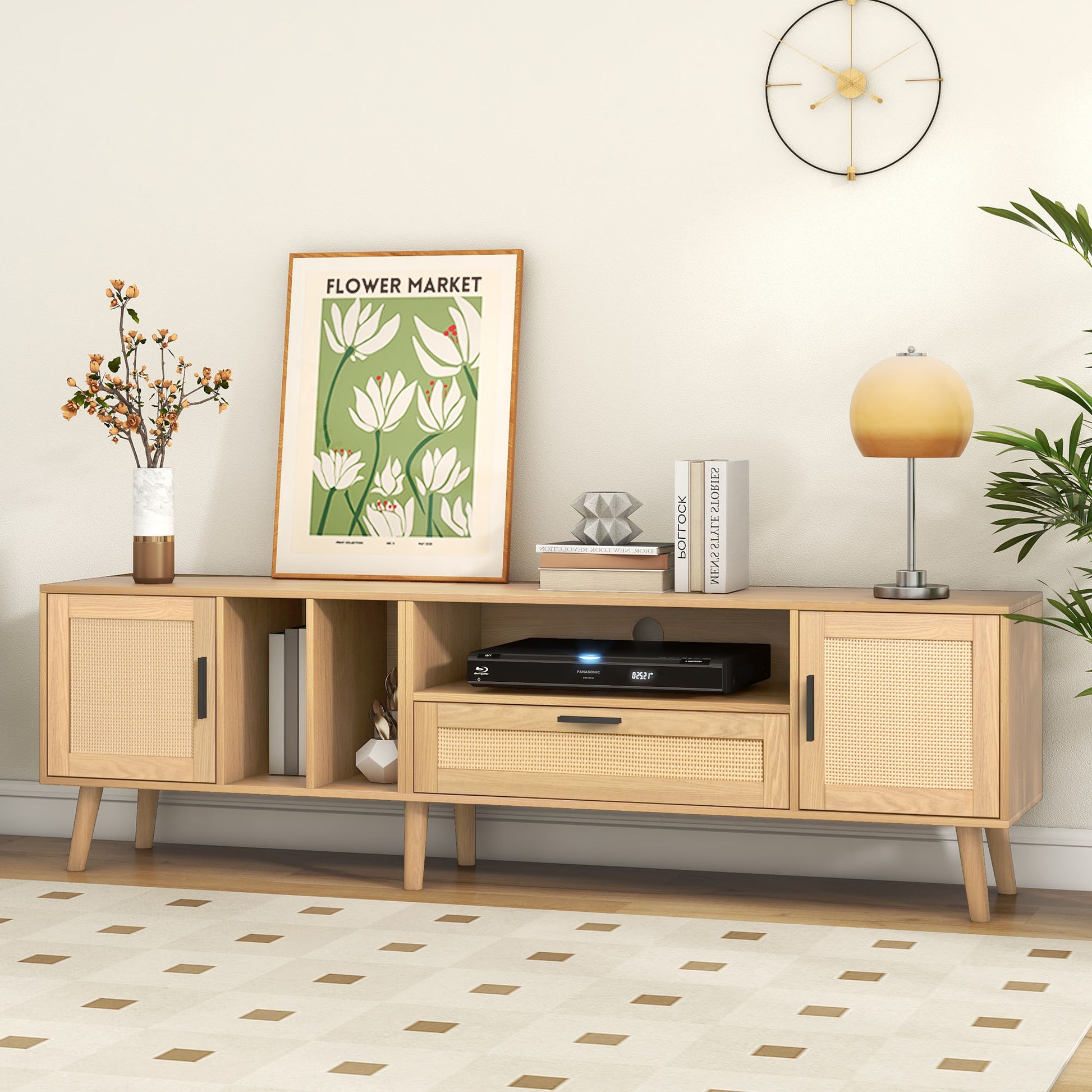 Vine TV Stand — 2 Cabinets, 2 Open Shelves, Solid Wood Legs (Up to 80" TVs) - CALCUMART
