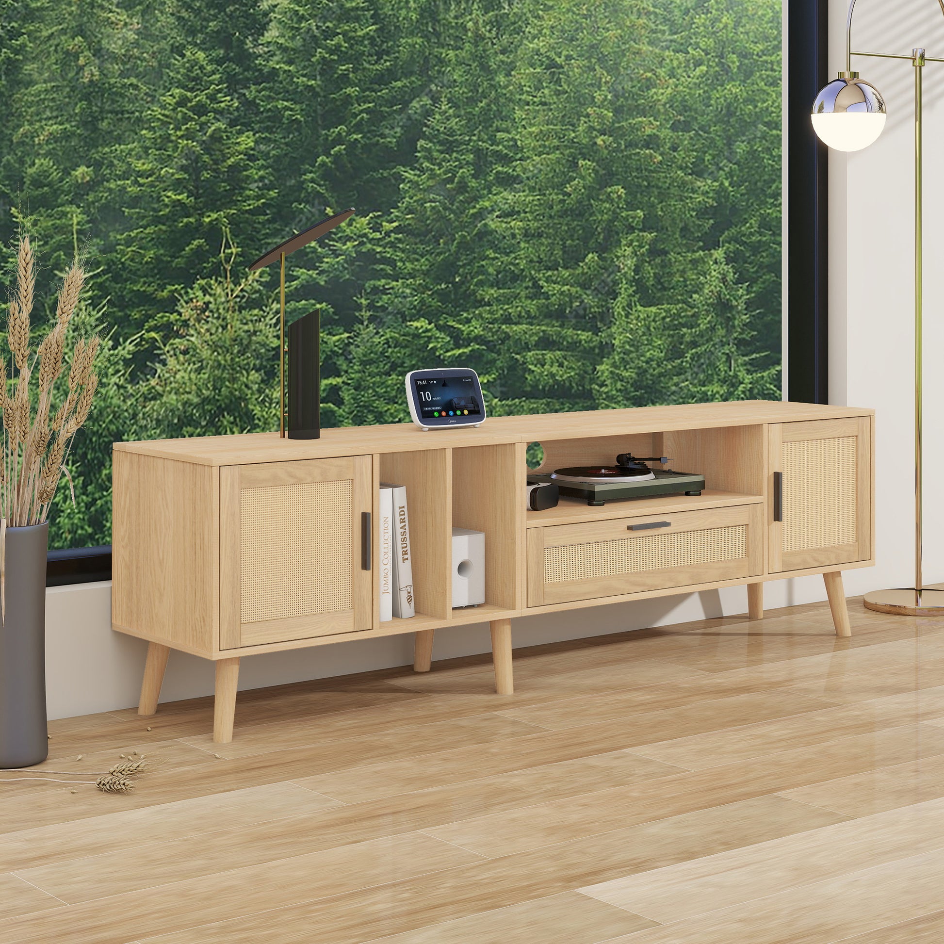 Vine TV Stand — 2 Cabinets, 2 Open Shelves, Solid Wood Legs (Up to 80" TVs) - CALCUMART