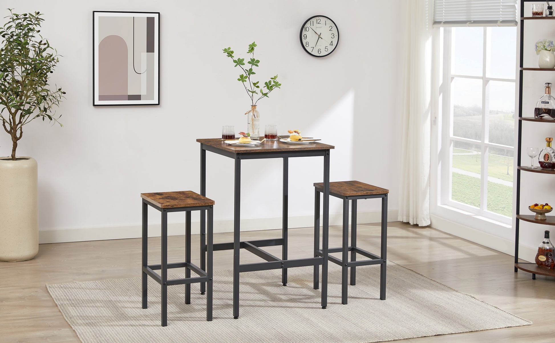 Industrial Style 3-Piece Bar Table Set, Rustic Brown and Black - CALCUMART