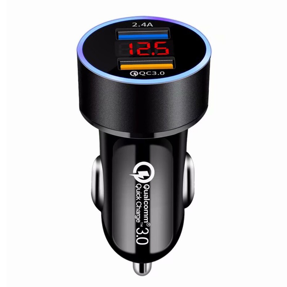 Dual USB Car Charger with LCD Display: QC3.0+2.4A Fast Charging, 12-24V, Auxiliary Power Outlet Adapter - CALCUMART