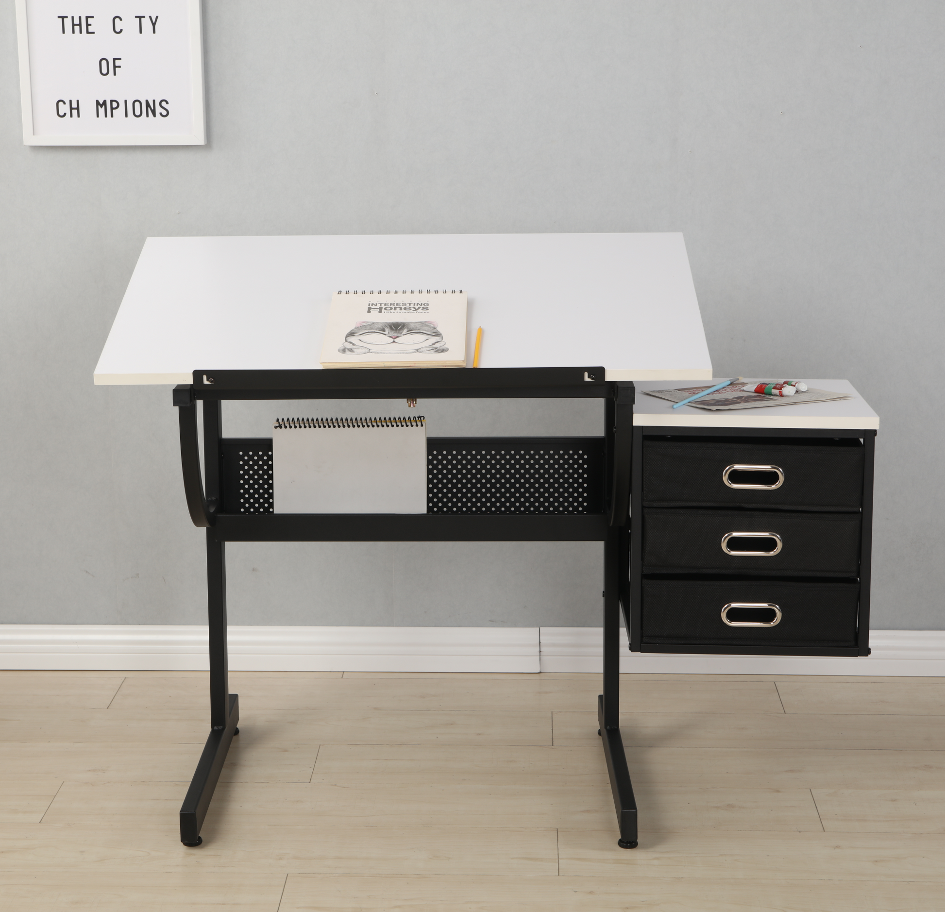 Versatile White Drafting Table w/ Adjustable Top, Stool & 3 Drawers - CALCUMART
