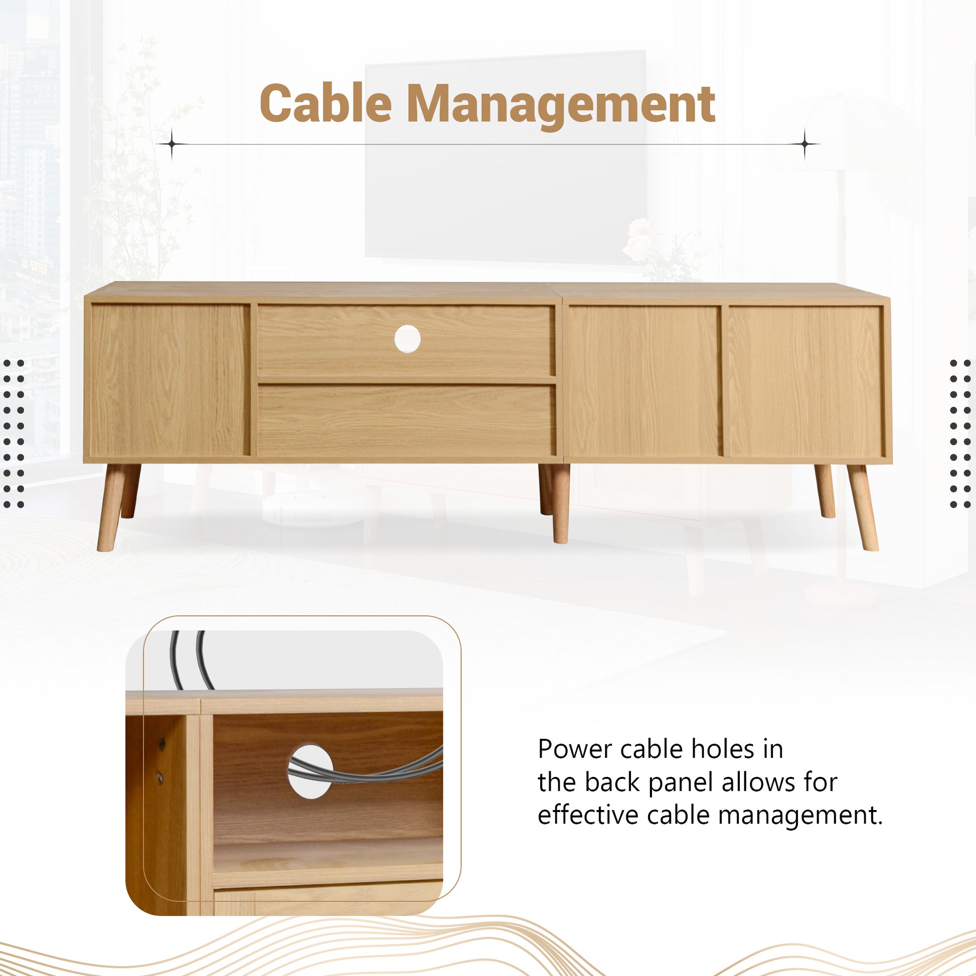 Vine TV Stand — 2 Cabinets, 2 Open Shelves, Solid Wood Legs (Up to 80" TVs) - CALCUMART