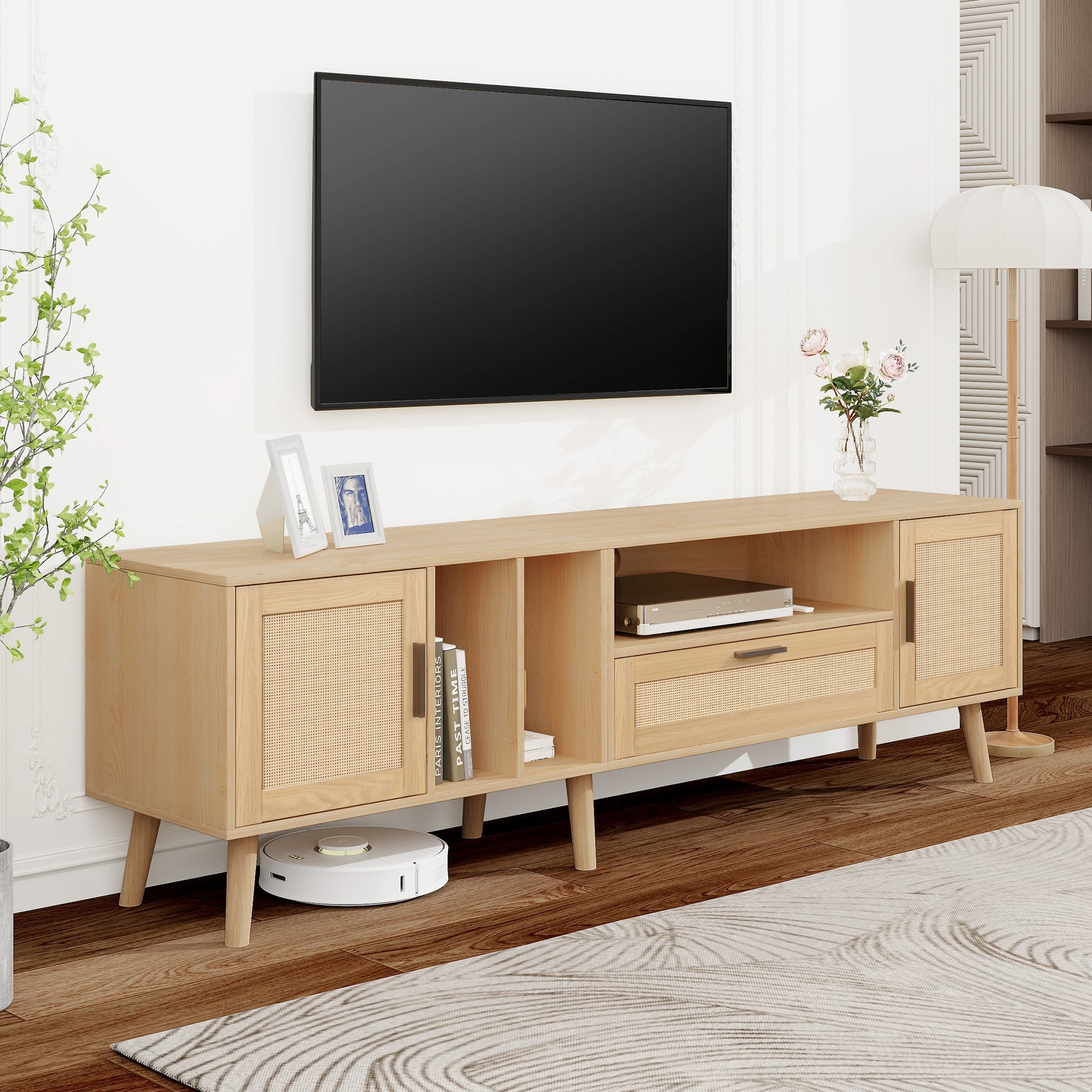 Vine TV Stand — 2 Cabinets, 2 Open Shelves, Solid Wood Legs (Up to 80" TVs) - CALCUMART