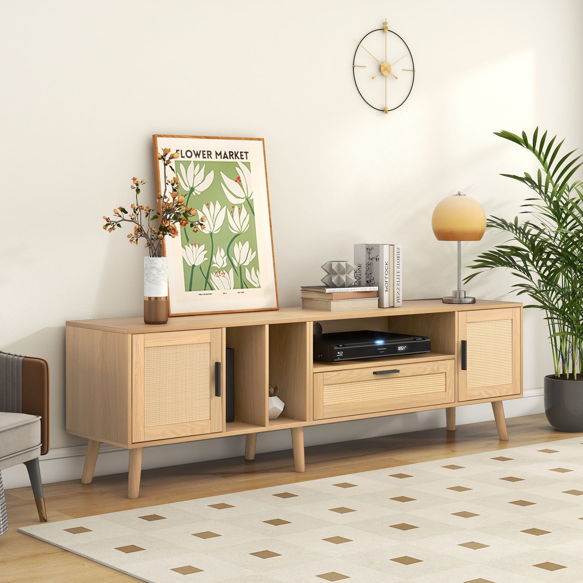 Vine TV Stand — 2 Cabinets, 2 Open Shelves, Solid Wood Legs (Up to 80" TVs) - CALCUMART
