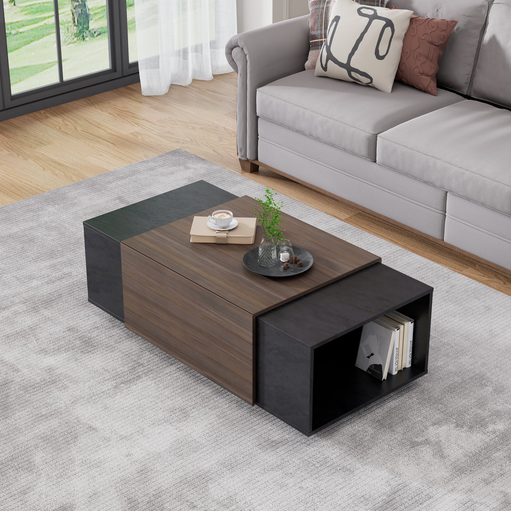 47-Inch Modern Farmhouse Drawer Coffee & Texture Black Table for Living Room or Office - CALCUMART