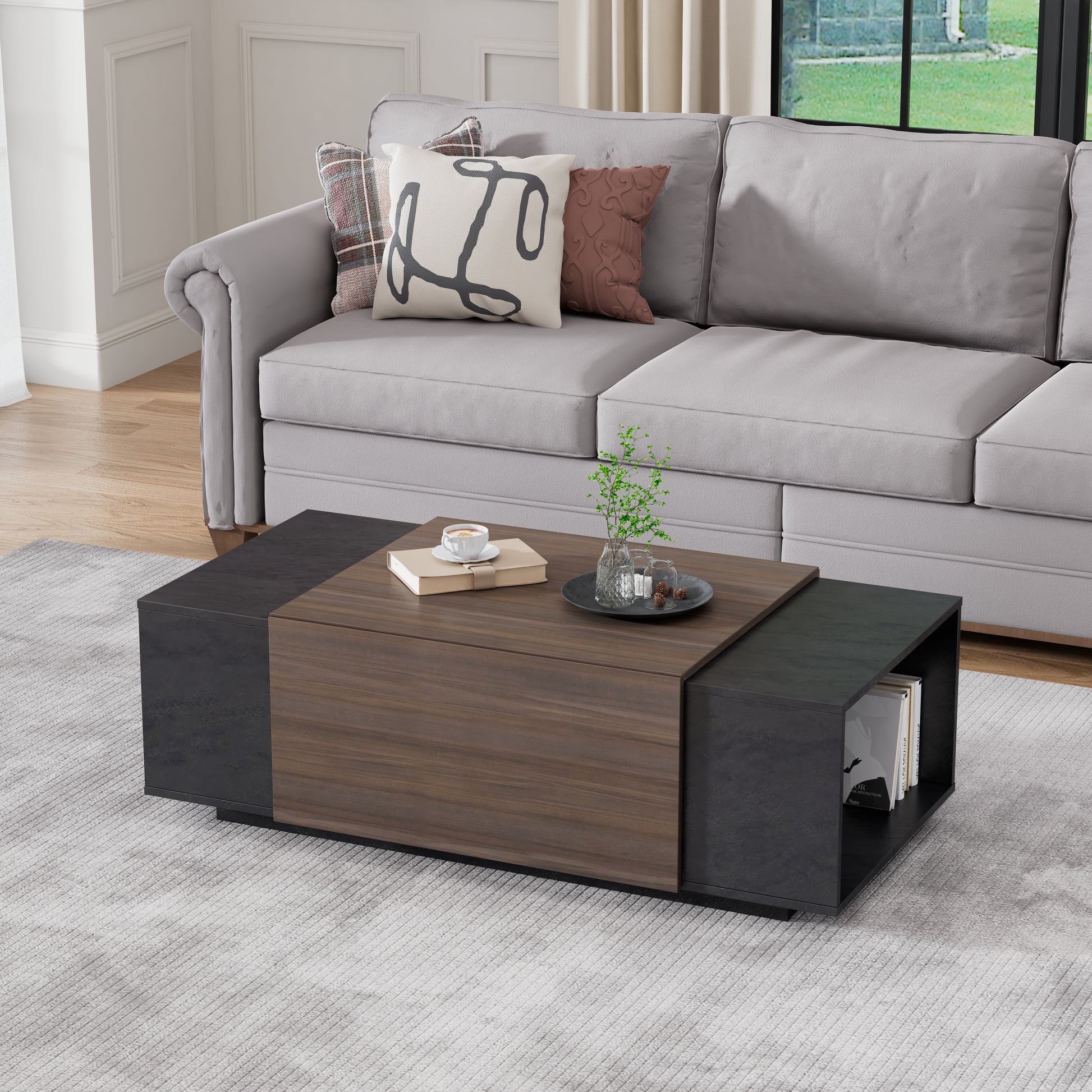 47-Inch Modern Farmhouse Drawer Coffee & Texture Black Table for Living Room or Office - CALCUMART