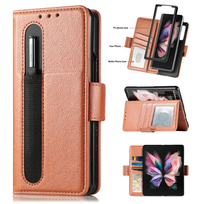 Faux Leather Case with Folding Screen, Pen Slot, and Multi-Card Cover for Samsung Galaxy Z Fold3 - CALCUMART