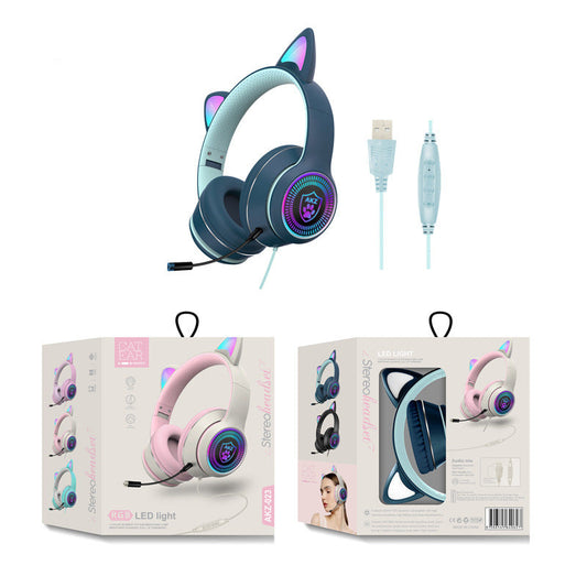 AKZ-023 RGB Luminous Cat Ear Wired Headset with USB Sound Card - Gaming and Learning Headset - CALCUMART