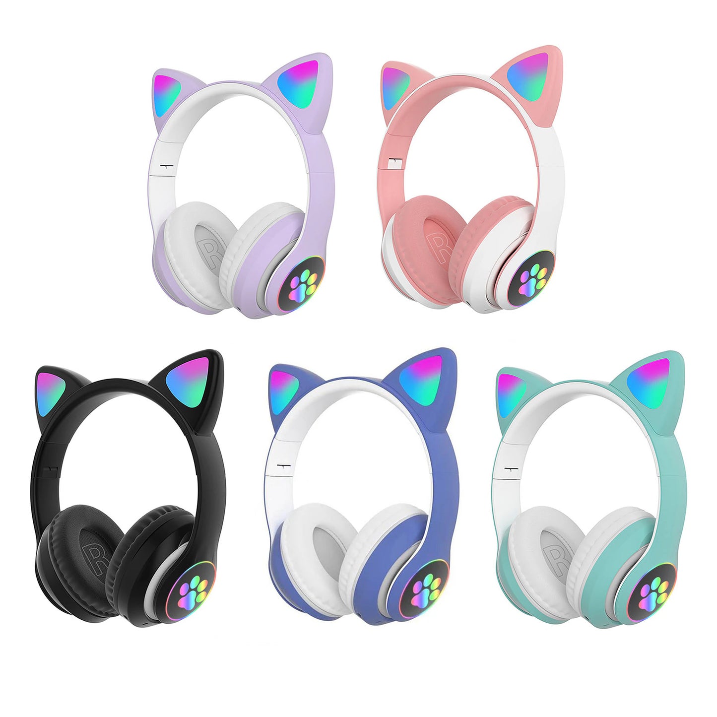 STN-28 Foldable Over Ear Music Headset with Glowing Cat Ear Headphones, Wireless BT5.0 Earphone, Mic, and LED Lights for PC and Mobile Devices - CALCUMART