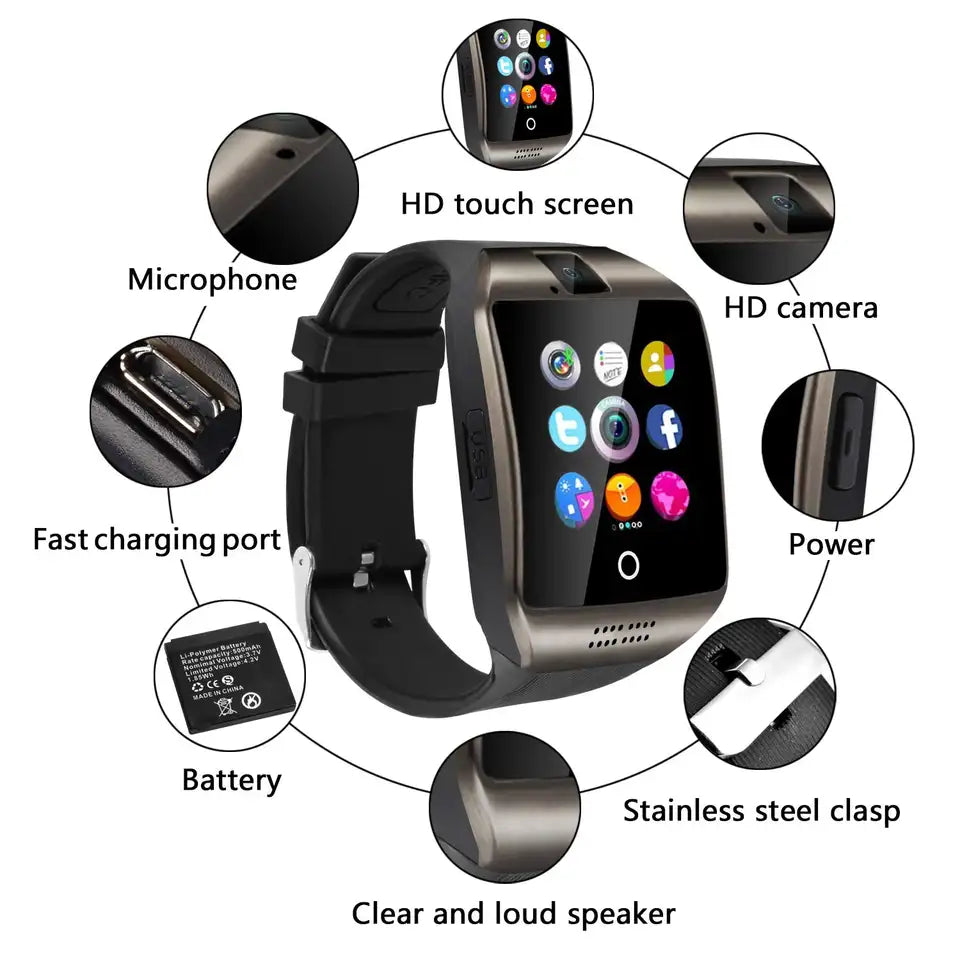 Q18 Smartwatch with Bluetooth, Camera, Social Media Sync, SMS Support, SIM and TF Card Compatibility for iOS and Android - CALCUMART