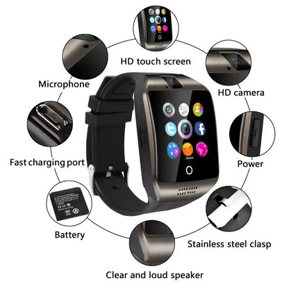Q18 Smartwatch with Bluetooth, Camera, Social Media Sync, SMS Support, SIM and TF Card Compatibility for iOS and Android - CALCUMART