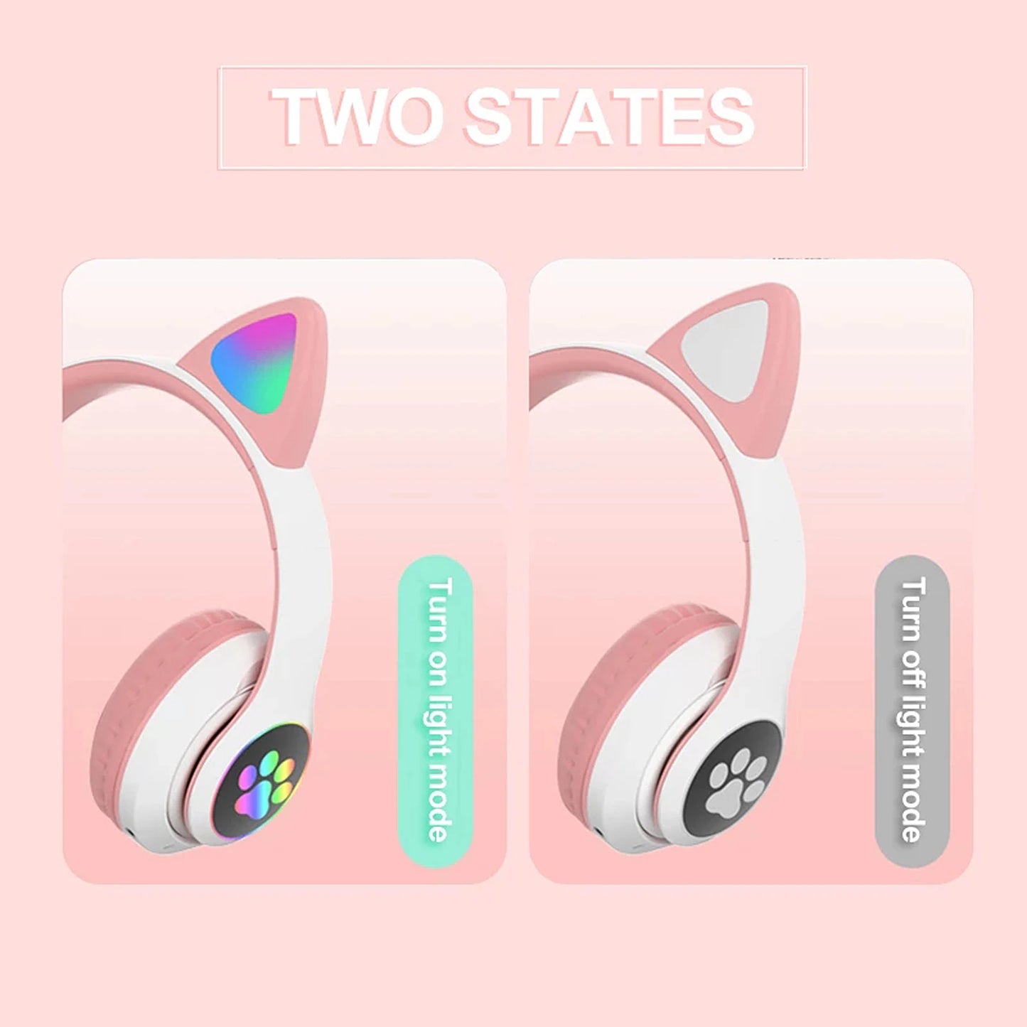 STN-28 Foldable Over Ear Music Headset with Glowing Cat Ear Headphones, Wireless BT5.0 Earphone, Mic, and LED Lights for PC and Mobile Devices - CALCUMART