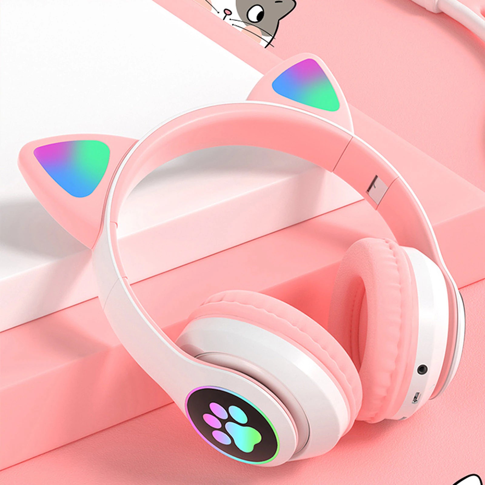 STN-28 Foldable Over Ear Music Headset with Glowing Cat Ear Headphones, Wireless BT5.0 Earphone, Mic, and LED Lights for PC and Mobile Devices - CALCUMART
