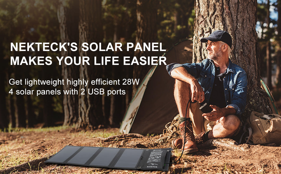 Nekteck 28W Portable Solar Charger with 2 USB Ports - IPX4 Waterproof for Hiking, Camping, and More - Compatible with iPhone, iPad, Samsung Galaxy, and Cameras - CALCUMART