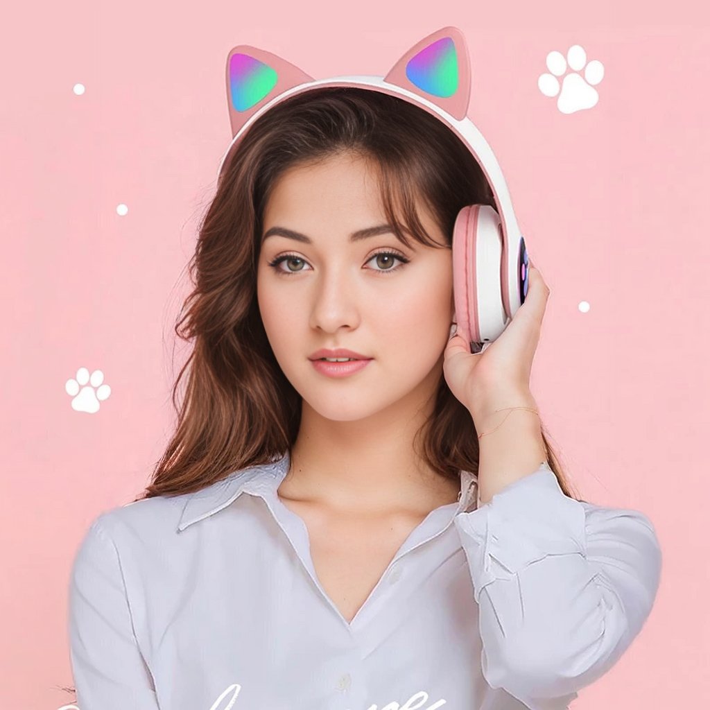 STN-28 Foldable Over Ear Music Headset with Glowing Cat Ear Headphones, Wireless BT5.0 Earphone, Mic, and LED Lights for PC and Mobile Devices - CALCUMART