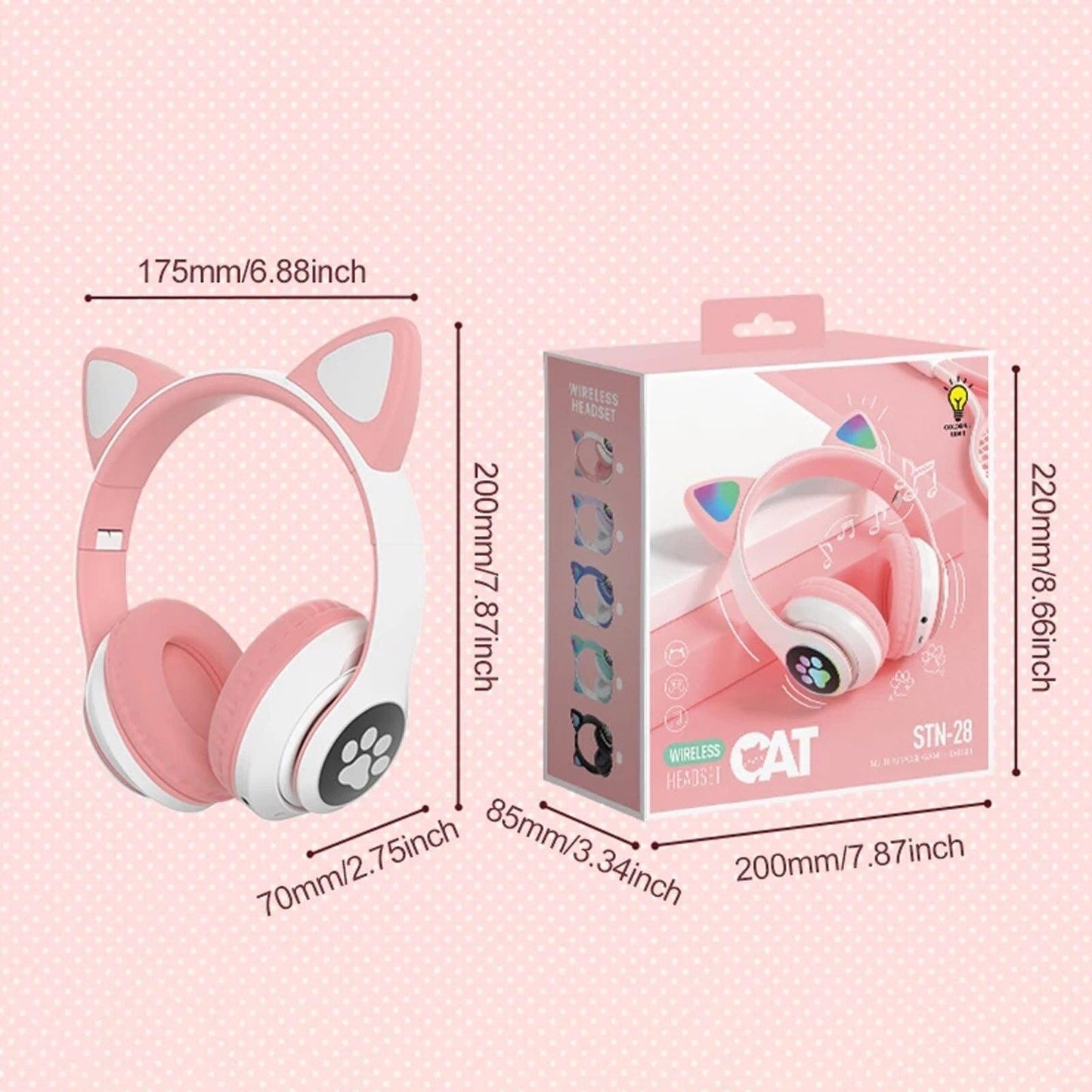 STN-28 Foldable Over Ear Music Headset with Glowing Cat Ear Headphones, Wireless BT5.0 Earphone, Mic, and LED Lights for PC and Mobile Devices - CALCUMART