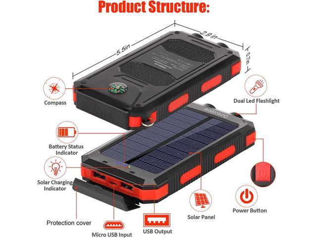 Durecopow 20000mAh Solar Charger - Portable, Waterproof, and Powerful Solar Power Bank with Dual 5V USB Ports, 2 LED Light Flashlight, and Compass (Red) - CALCUMART