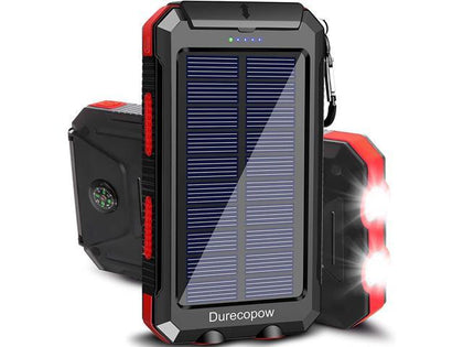 Durecopow 20000mAh Solar Charger - Portable, Waterproof, and Powerful Solar Power Bank with Dual 5V USB Ports, 2 LED Light Flashlight, and Compass (Red) - CALCUMART