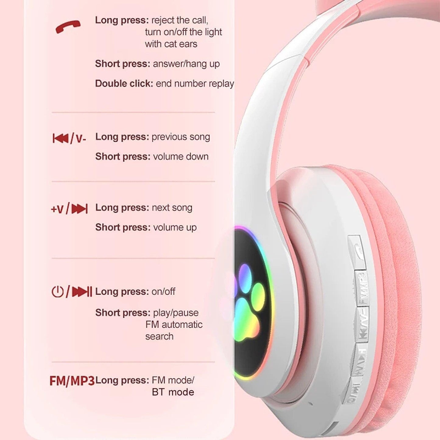 STN-28 Foldable Over Ear Music Headset with Glowing Cat Ear Headphones, Wireless BT5.0 Earphone, Mic, and LED Lights for PC and Mobile Devices - CALCUMART