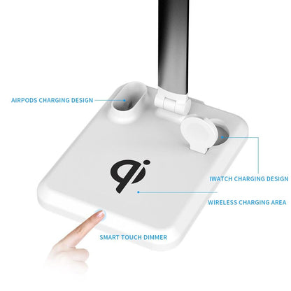 Light Charger Desk Lamp: LED 4-in-1 Wireless Charging for Mobile Phone, Watch, and Earphones - CALCUMART
