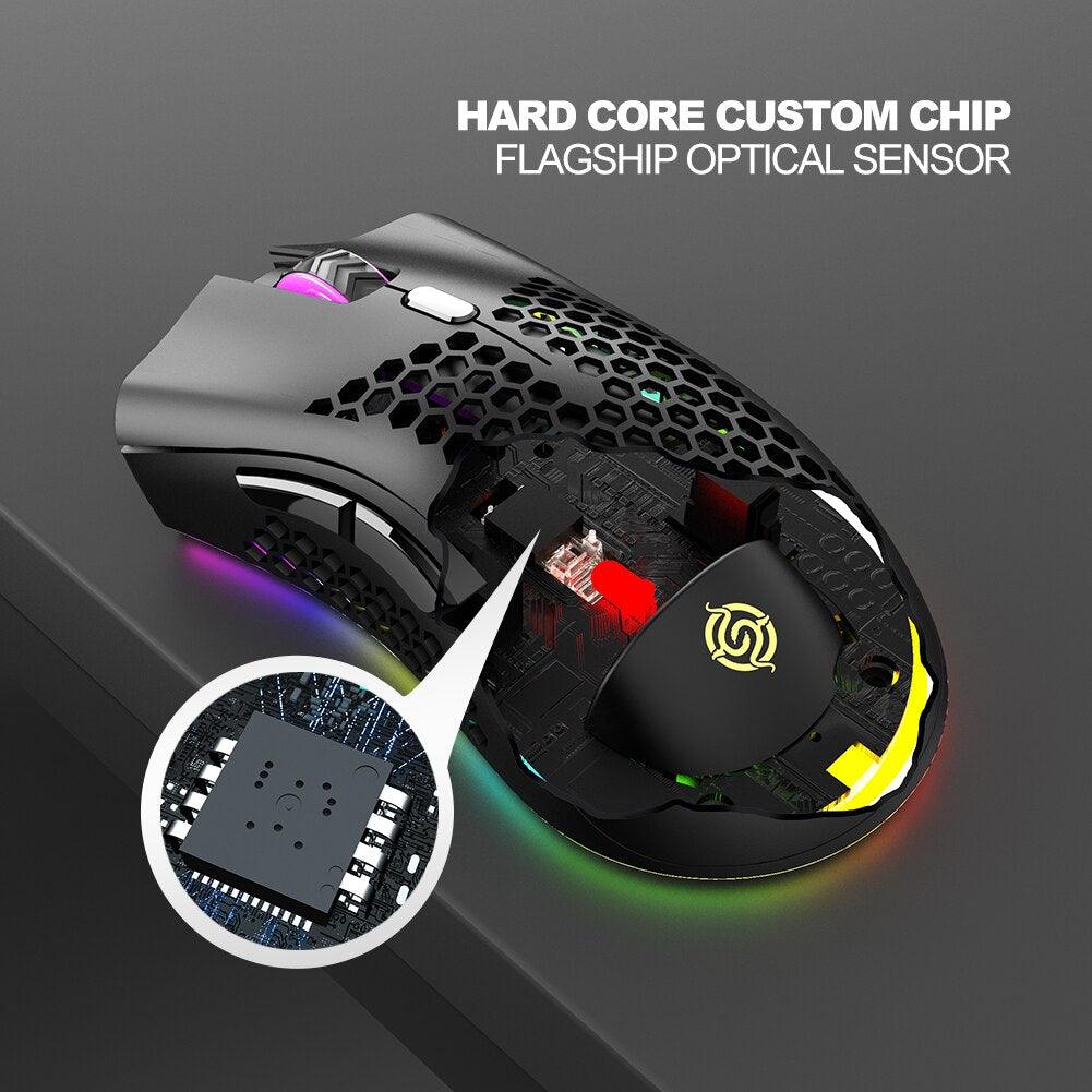 BM600 2.4GHz Wireless Gaming Mouse with 7 Buttons, RGB Backlit, 1600 DPI, Rechargeable, and Honeycomb Design - CALCUMART