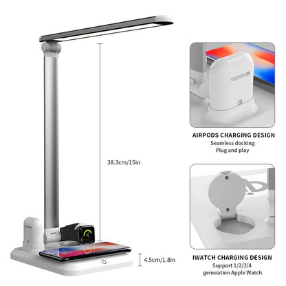 Light Charger Desk Lamp: LED 4-in-1 Wireless Charging for Mobile Phone, Watch, and Earphones - CALCUMART