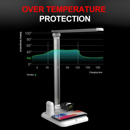 Light Charger Desk Lamp: LED 4-in-1 Wireless Charging for Mobile Phone, Watch, and Earphones - CALCUMART