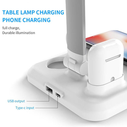 Light Charger Desk Lamp: LED 4-in-1 Wireless Charging for Mobile Phone, Watch, and Earphones - CALCUMART